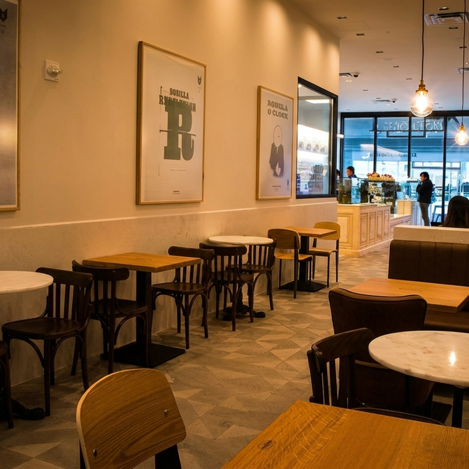 Cozy cafe interior with various tables, chairs, and banquette seating, illuminated by hanging light fixtures.