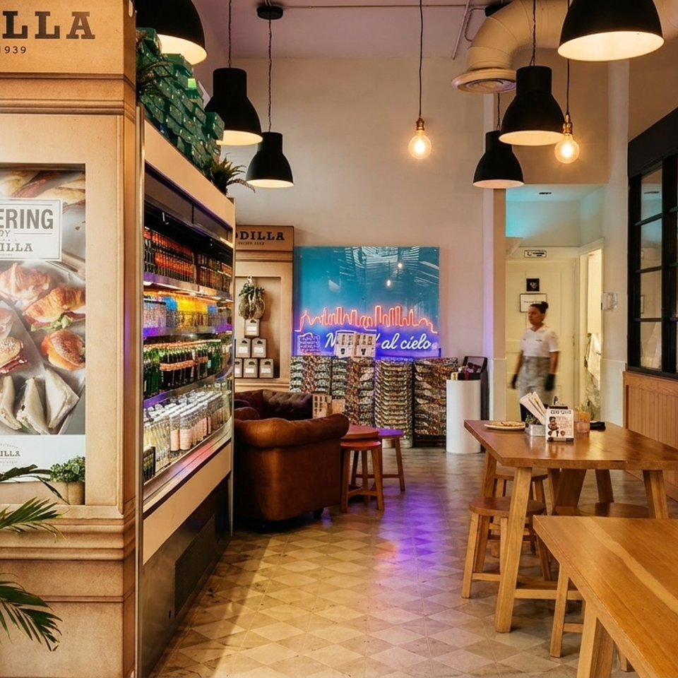 Interior of Rodilla restaurant with a catering display, seating, and a kitchen visible through a window.