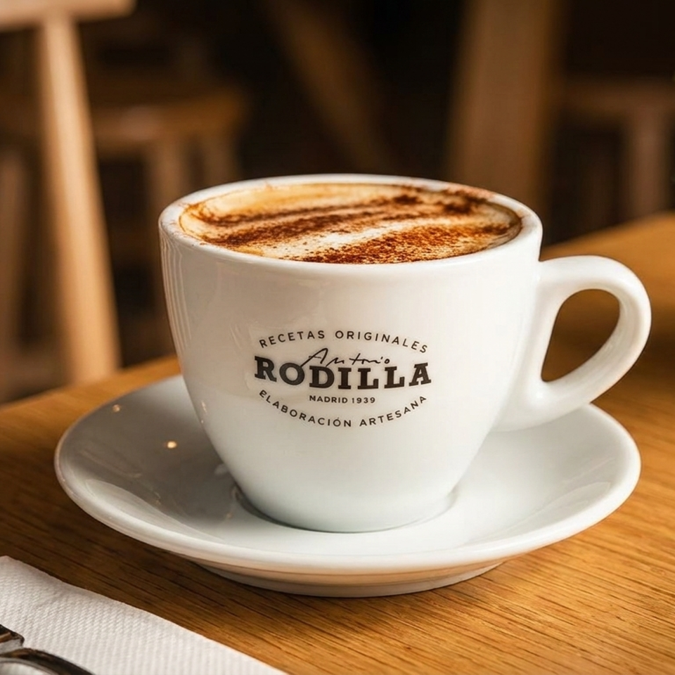 A Rodilla branded cappuccino with cinnamon on a wooden table next to a fork and plant.
