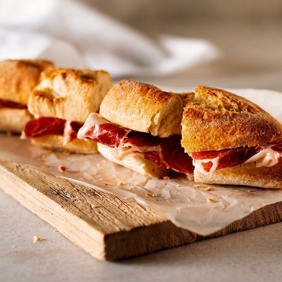 Three crusty bread sandwiches filled with thinly sliced cured ham and a creamy sauce on a wooden board.