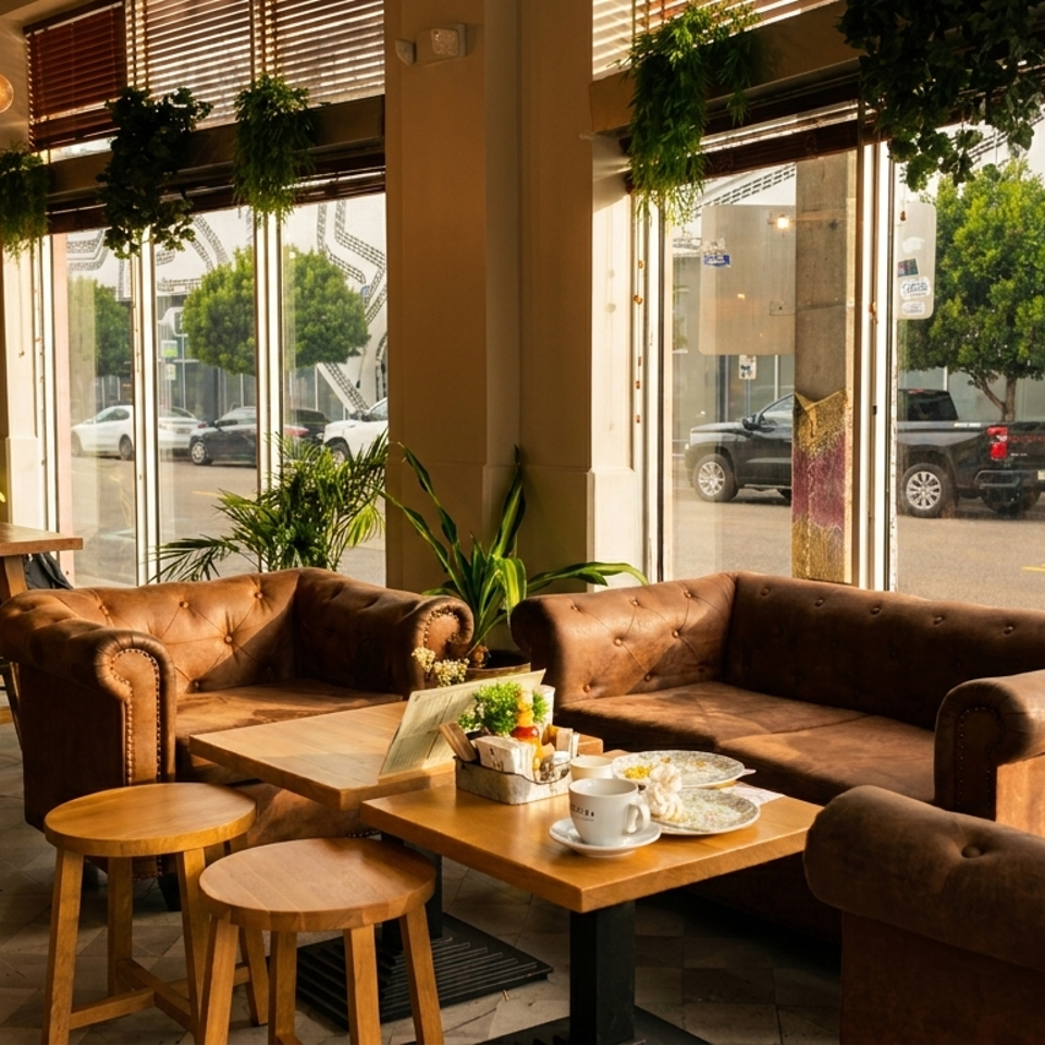 A sunlit restaurant interior with brown leather couches, wooden tables, and large windows overlooking a street.