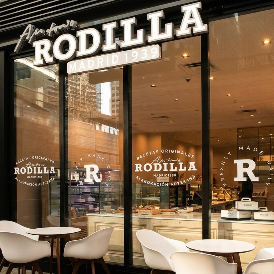 Rodilla restaurant storefront with outdoor seating, showcasing its name and "Madrid 1939" on the facade.